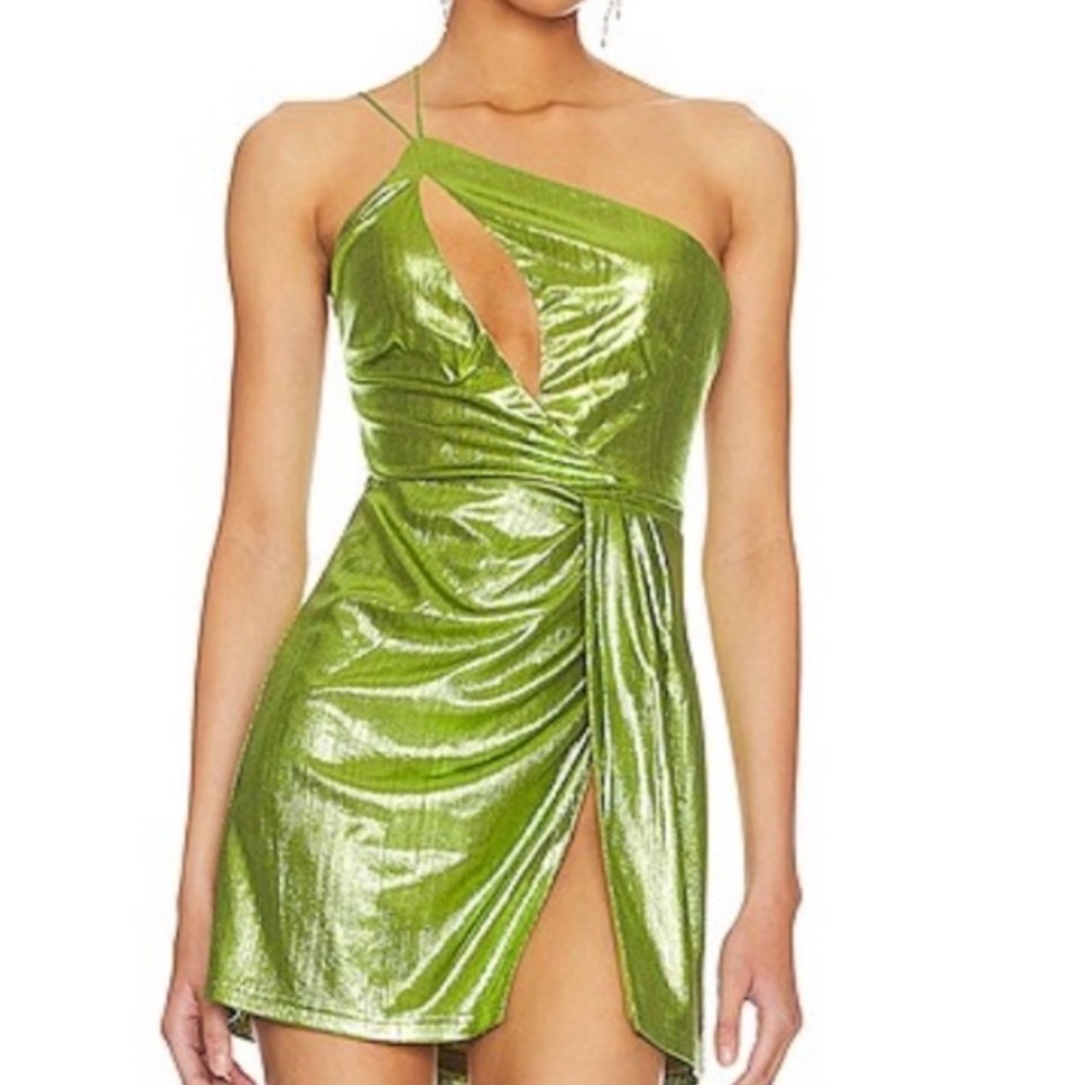 Superdown Shimmering Green One-Shoulder Dress